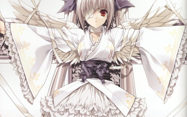 Anime Angel Kimono Wings Red Eyes White Hair Twintails Long Hair Cross HD Wallpaper | Background Image