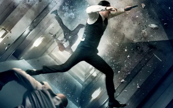 A dynamic HD wallpaper featuring intense action scenes reminiscent of The Matrix and Inception, showcasing a character leaping and engaging in a dramatic fight.