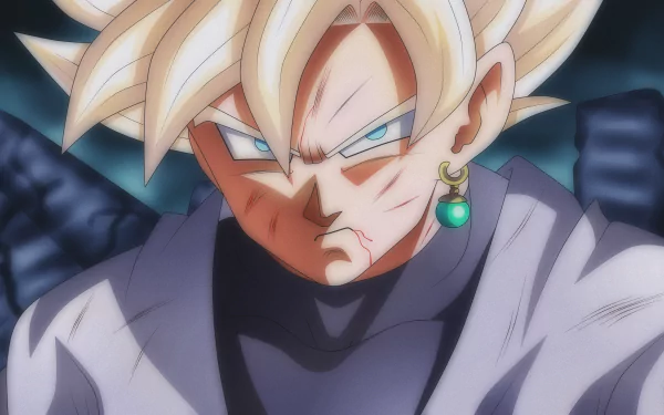 HD desktop wallpaper featuring Black Goku from Dragon Ball Super, showcasing the character with a stern expression, light hair, and a green earring.