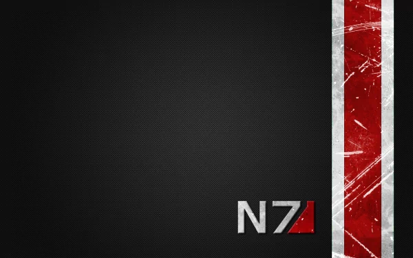 HD desktop wallpaper featuring the iconic N7 logo from the video game Mass Effect, set against a sleek black background with a textured red stripe on the side.