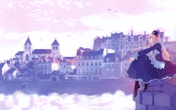 An anime-style illustration of Alice from Alice in Wonderland, wearing a dress and hat, sitting on a ledge overlooking a quaint town with charming buildings. HD desktop wallpaper and background.