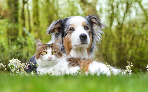 A cute Australian Shepherd dog and a cat lying together in a field of flowers, set against a lush, green background. HD desktop wallpaper and background.
