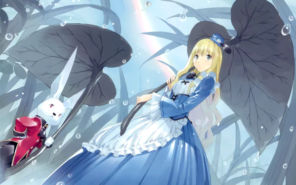 Anime-style HD desktop wallpaper featuring Alice and the White Rabbit from Alice in Wonderland in a whimsical, magical forest setting.