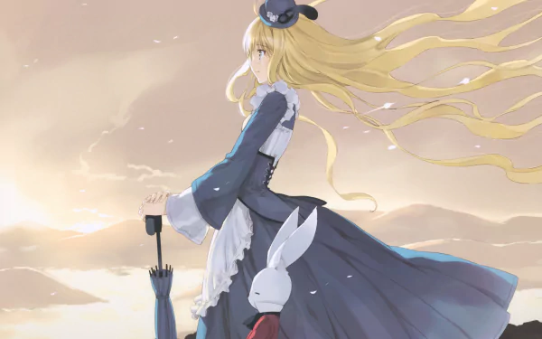 Anime-style Alice from Alice in Wonderland stands with flowing hair beside the White Rabbit against a soft sky, rendered in stunning 4K Ultra HD for PC desktop backgrounds.