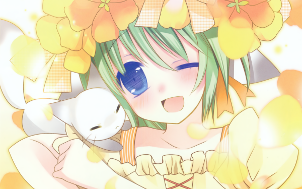 Anime Original Flower Smile Blush Cat Blue Eyes Green Hair Wink bow HD Wallpaper | Background Image