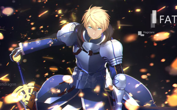 HD PC desktop wallpaper of Saber from Fate/Prototype: blonde armored anime warrior drawing a glowing sword amid sparks and embers, striking a dynamic battle-ready pose.