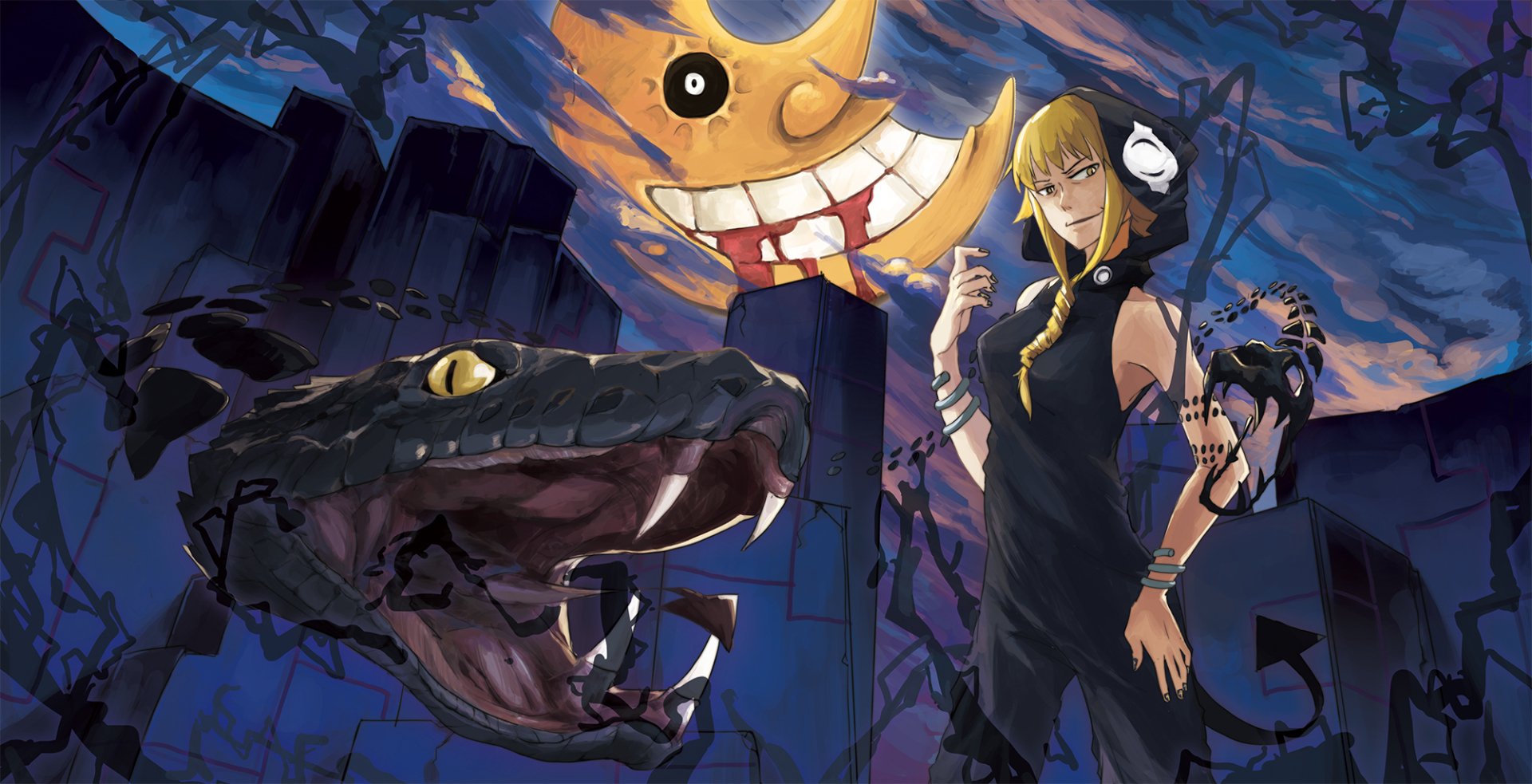 HD anime desktop wallpaper featuring Medusa Gorgon from Soul Eater with a large snake and a striking moon with a grinning face in a dark cityscape.