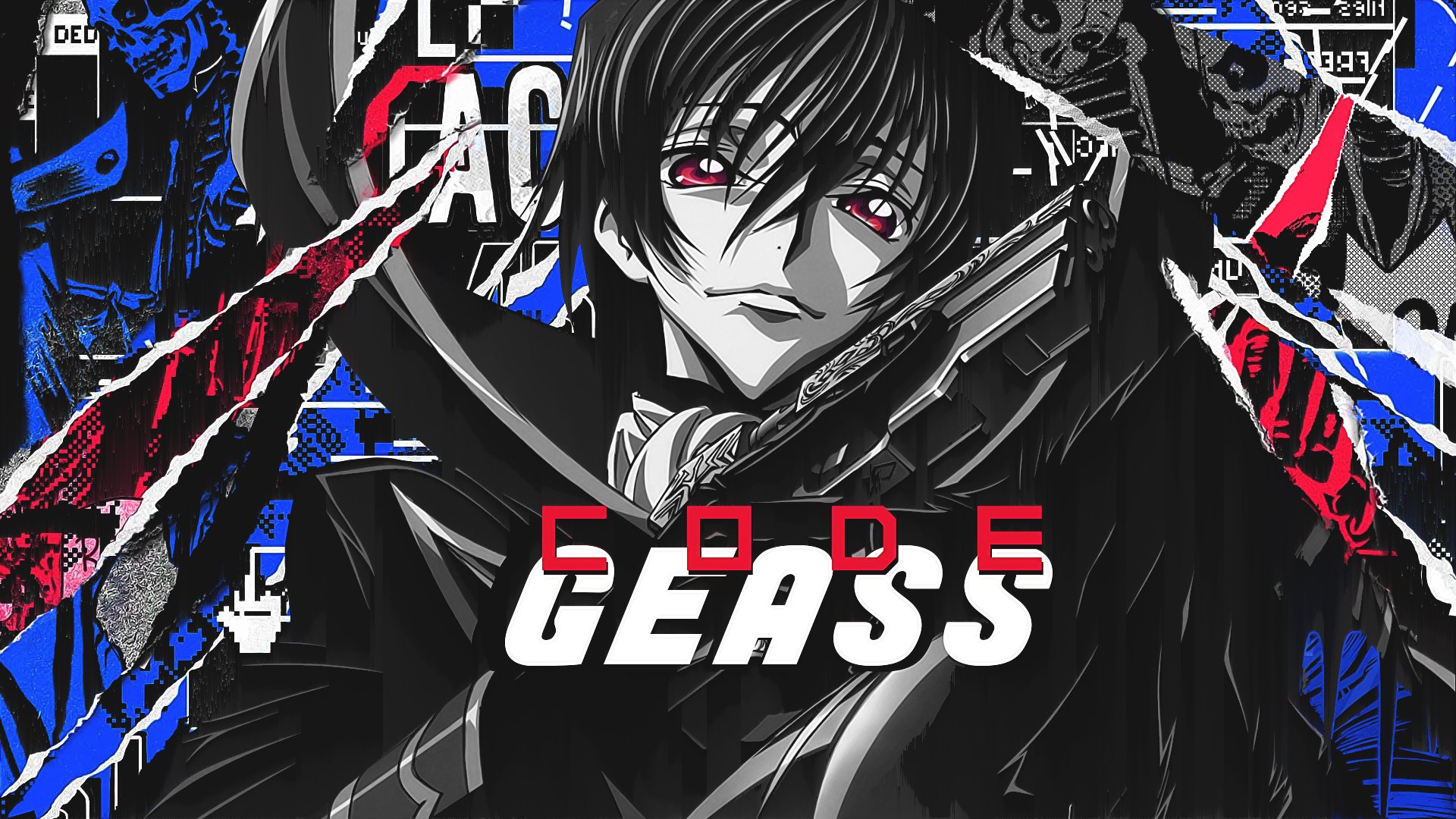 Anime Code Geass HD PC desktop wallpaper background: dark stylized portrait of Lelouch with red eyes, black cloak and rifle, blue and red graphic accents and the series logo.