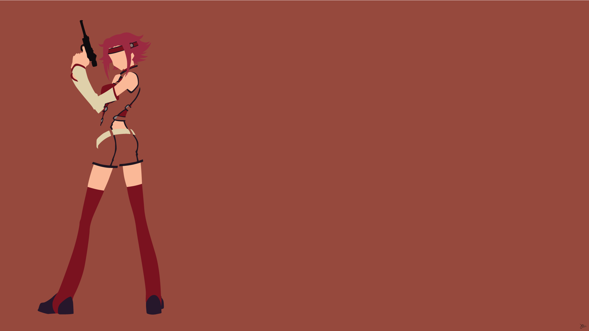 Anime HD PC desktop wallpaper: Code Geass character Kallen in a red-brown outfit with thigh-high boots and a handgun, positioned left on a solid muted brick-red background.