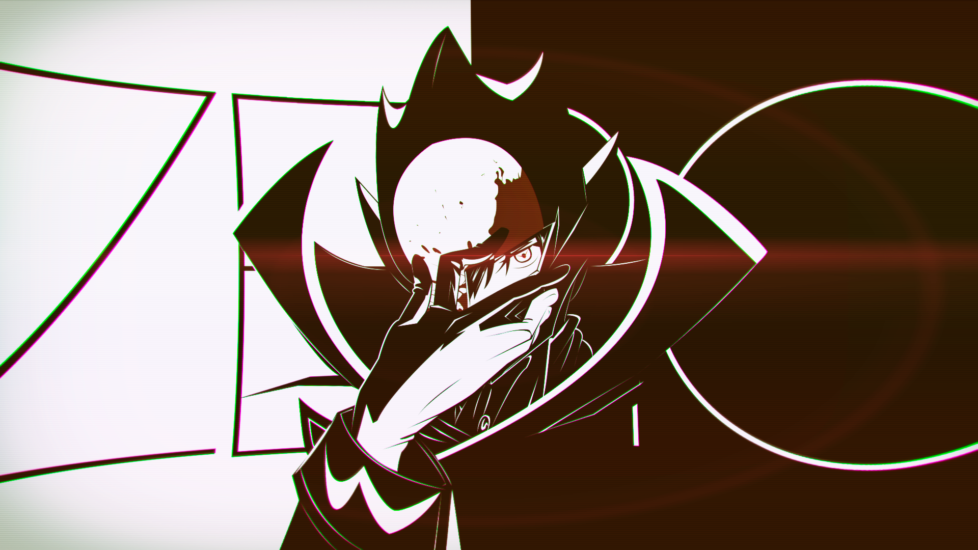 HD PC desktop wallpaper of an anime character from Code Geass with a dark cloak and glowing eye, set against a minimalistic black and white background.