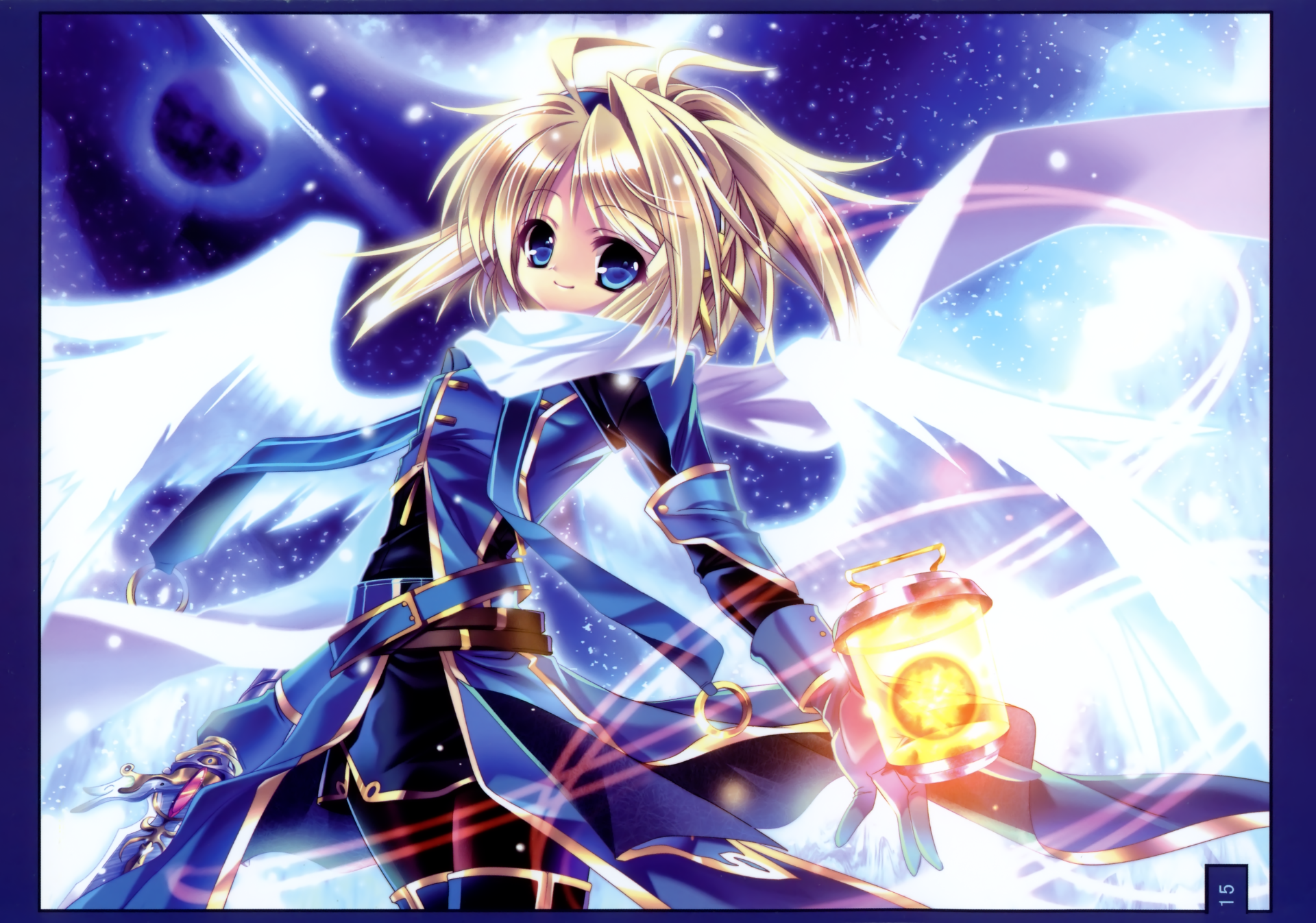 Anime angel with blonde long hair in a ponytail, blue eyes, smiling, wearing scarf, glove and gauntlet, belted outfit, wings spread, holding a glowing orb — 2K Quad HD PC wallpaper.
