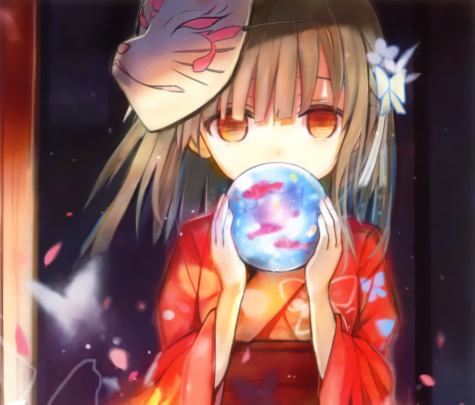 Anime-style girl with short brown hair and orange eyes, wearing a kimono and mask, holding a glowing orb with fish inside, adorned with a butterfly bow and petal background.