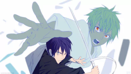 Dynamic HD wallpaper featuring Yukine and Yato from the anime Noragami, showcasing their intense action and vibrant characters against a striking background.