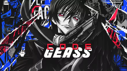 Anime Code Geass HD PC desktop wallpaper background: dark stylized portrait of Lelouch with red eyes, black cloak and rifle, blue and red graphic accents and the series logo.