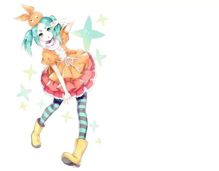 boots pantyhose orange dress dress twintails short hair green eyes green hair Yotsugi Ononoki Anime Monogatari (Series) HD Desktop Wallpaper | Background Image