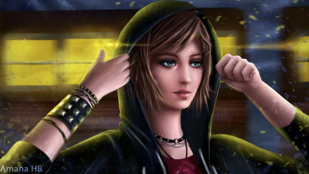 HD desktop wallpaper featuring Chloe Price from the video game Life Is Strange: Before The Storm, wearing a hoodie with a dark and moody background.