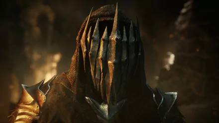 A menacing fantasy warrior in a spiked helmet and dark cloak from the video game Middle-earth: Shadow of War. The image serves as an HD desktop wallpaper and background.