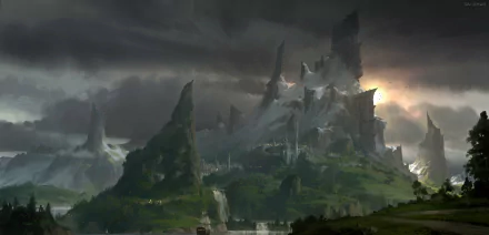 HD fantasy landscape wallpaper depicting towering rocky spires, misty clouds, and cascading waterfalls under a moody sky.