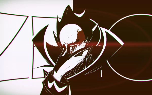 HD PC desktop wallpaper of an anime character from Code Geass with a dark cloak and glowing eye, set against a minimalistic black and white background.