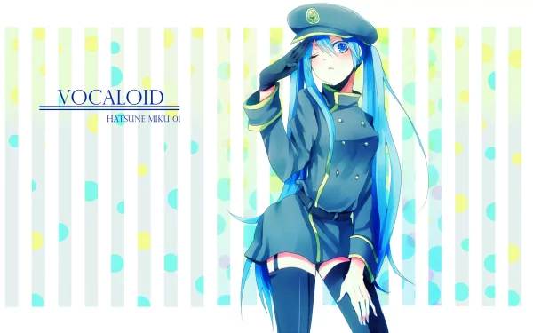 HD desktop wallpaper of Hatsune Miku, an anime Vocaloid character, wearing a uniform and cap. She stands against a background with vertical stripes and colorful dots, with the text Vocaloid Hatsune Miku 01.