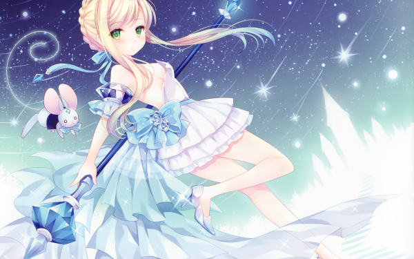 Anime Original Cinderella bow Flower Staff Blonde Stars Mouse Green Eyes Long Hair HD Wallpaper | Background Image