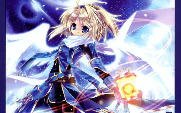 Anime angel with blonde long hair in a ponytail, blue eyes, smiling, wearing scarf, glove and gauntlet, belted outfit, wings spread, holding a glowing orb — 2K Quad HD PC wallpaper.