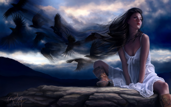 Fantasy Women Crow White Dress HD Wallpaper | Background Image