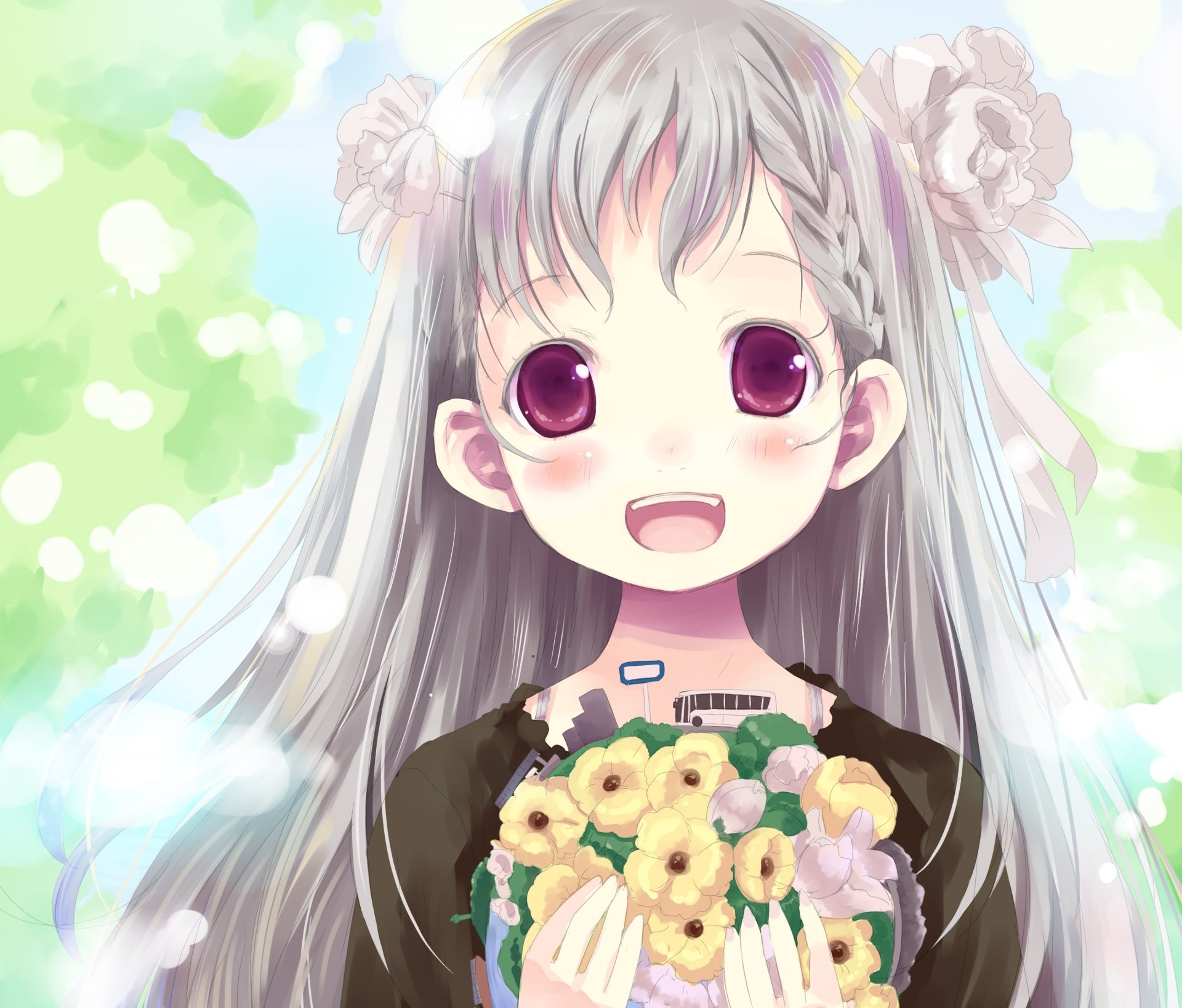 Download Purple Eyes Braid Grey Hair Flower Blush Long Hair Smile Anime Original HD Wallpaper by Shiro (longlongtime)