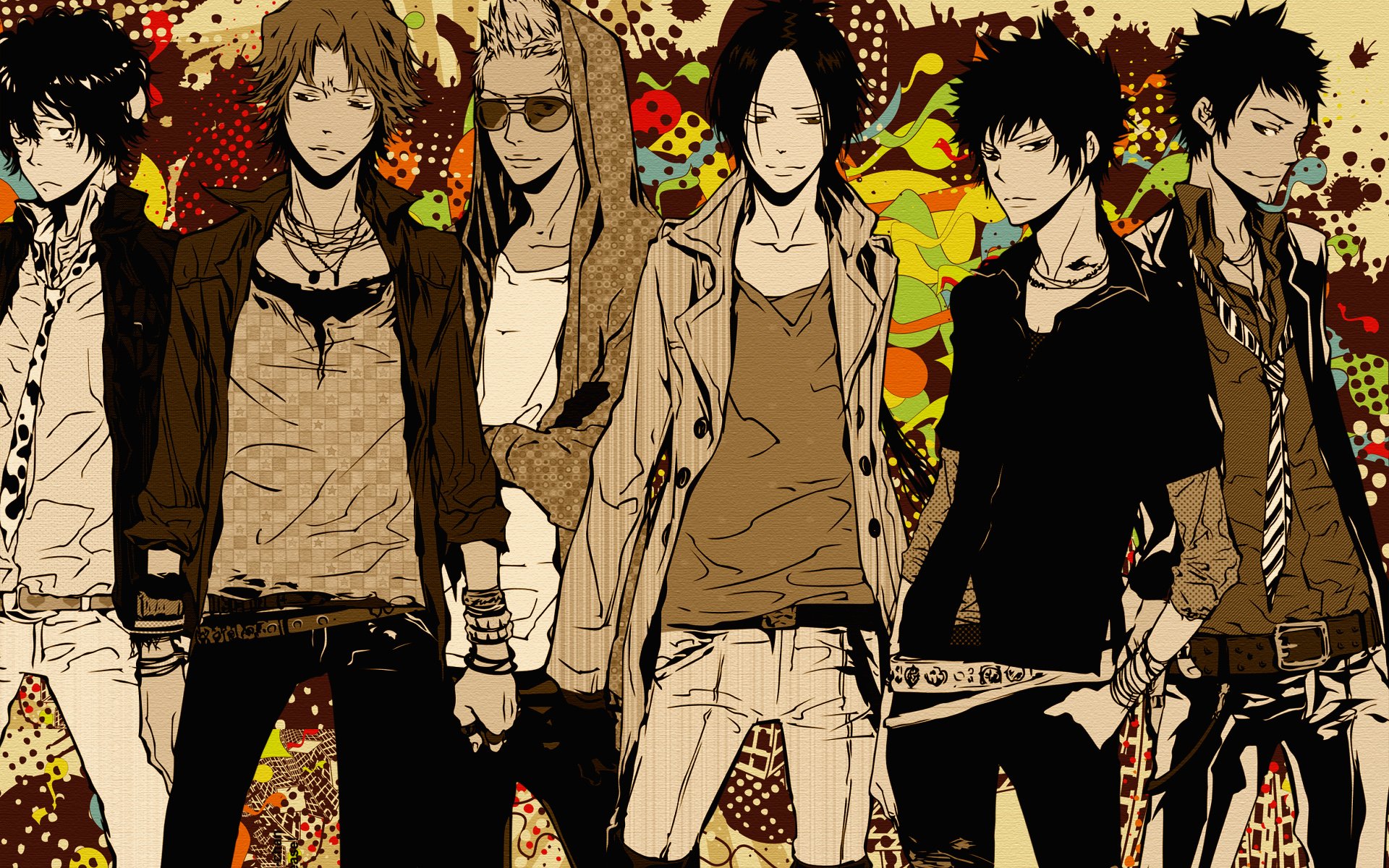 HD PC desktop wallpaper featuring six characters from the anime Katekyō Hitman Reborn! standing against a vibrant, abstract background.