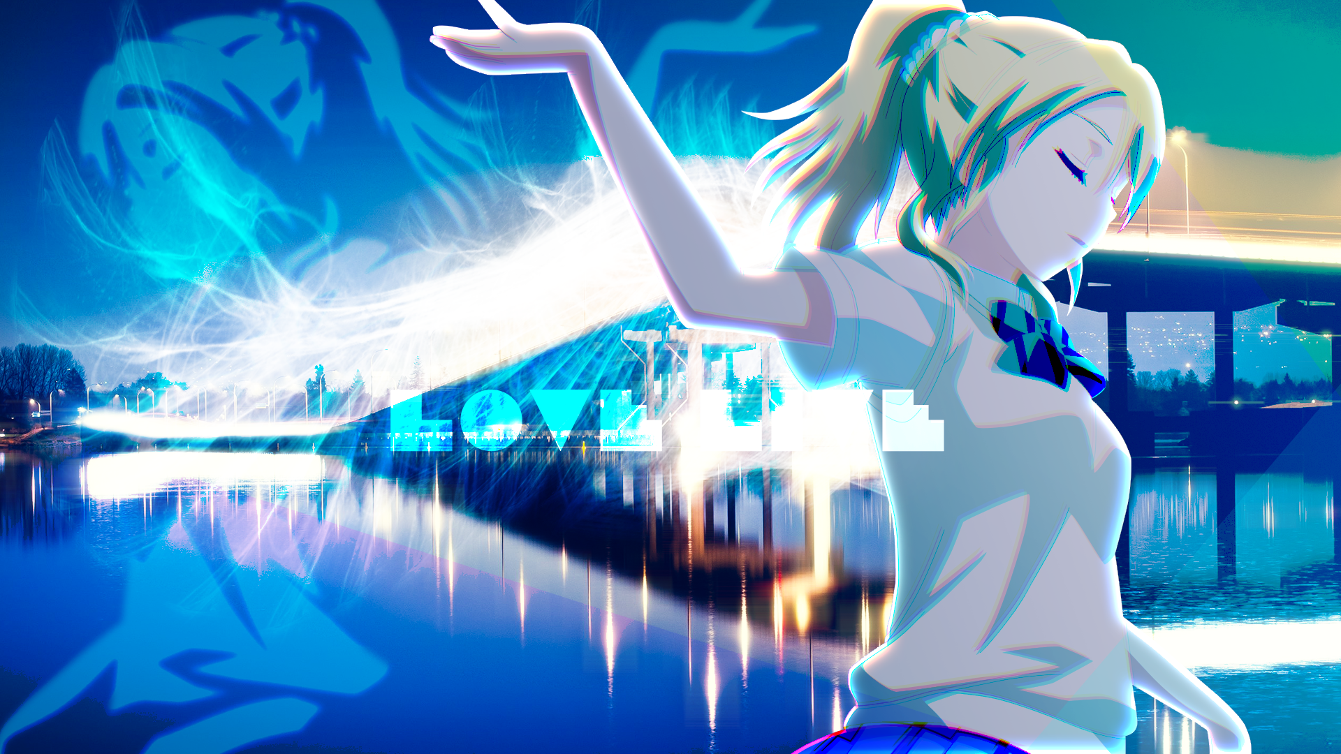 Eri Ayase (Love Live! anime) in an HD PC desktop wallpaper: eyes closed, arms extended as neon-blue lights and glowing waterfront reflections frame her graceful pose.