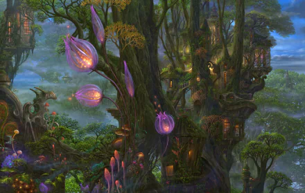 HD PC desktop wallpaper/background: artistic fantasy landscape of a towering tree-house in an enchanted forest, dotted with oversized glowing flowers and winding branches.