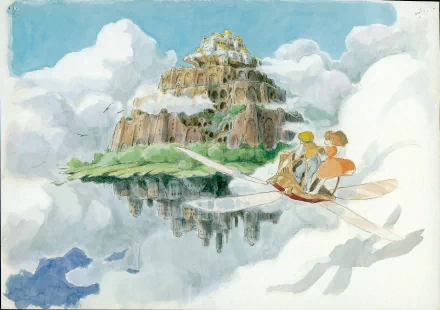 A vibrant HD drawing from Studio Ghibli's Laputa: Castle in the Sky, featuring characters flying over a lush landscape with a floating castle amidst fluffy clouds.