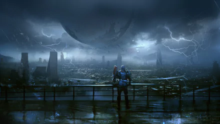 HD wallpaper of Destiny 2 featuring a warrior standing in a rain-soaked cityscape at night with lightning illuminating the sky.