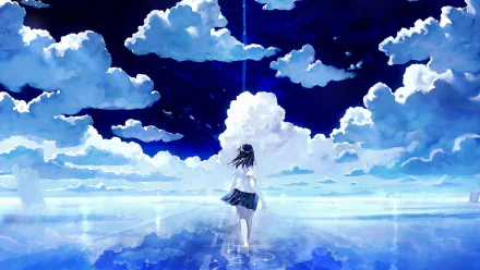 HD anime desktop wallpaper featuring an anime girl standing on a reflective water surface under a vivid blue sky filled with fluffy white clouds.