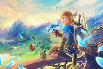 HD PC desktop wallpaper featuring Link from the video game The Legend of Zelda: Breath of the Wild, holding a blue flower with a vast, colorful landscape in the background.