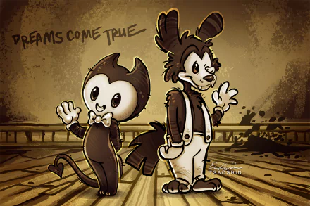 HD desktop wallpaper featuring Bendy and Boris from the video game Bendy and the Ink Machine, with the phrase Dreams Come True in the background.