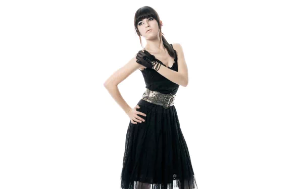 HD desktop wallpaper featuring a woman in a black dress and gloves, exuding a sensual vibe against a plain white background.