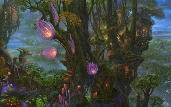 Artistic Fantasy Landscape Forest House Flower Tree HD Wallpaper | Background Image