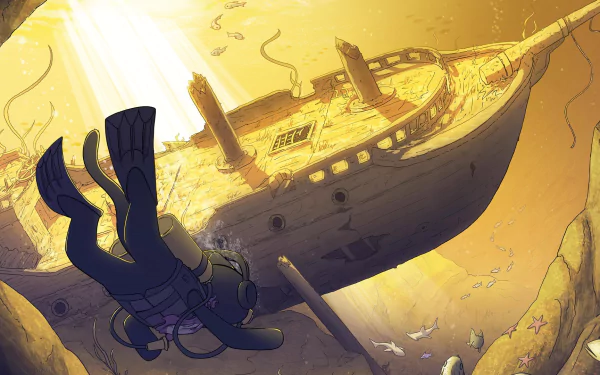 HD Monstercat desktop wallpaper featuring an animated character diving towards a sunken ship in an underwater scene.
