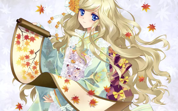 Anime original 2K desktop wallpaper: blonde, long-haired girl in floral kimono with blue eyes, blush and bow, smiling as she holds a decorative scroll amid flowers and falling autumn leaves.