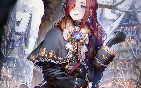 HD PC desktop wallpaper featuring Ceres from the video game Rage of Bahamut, showcasing her detailed outfit and serene expression against a wintry village backdrop.