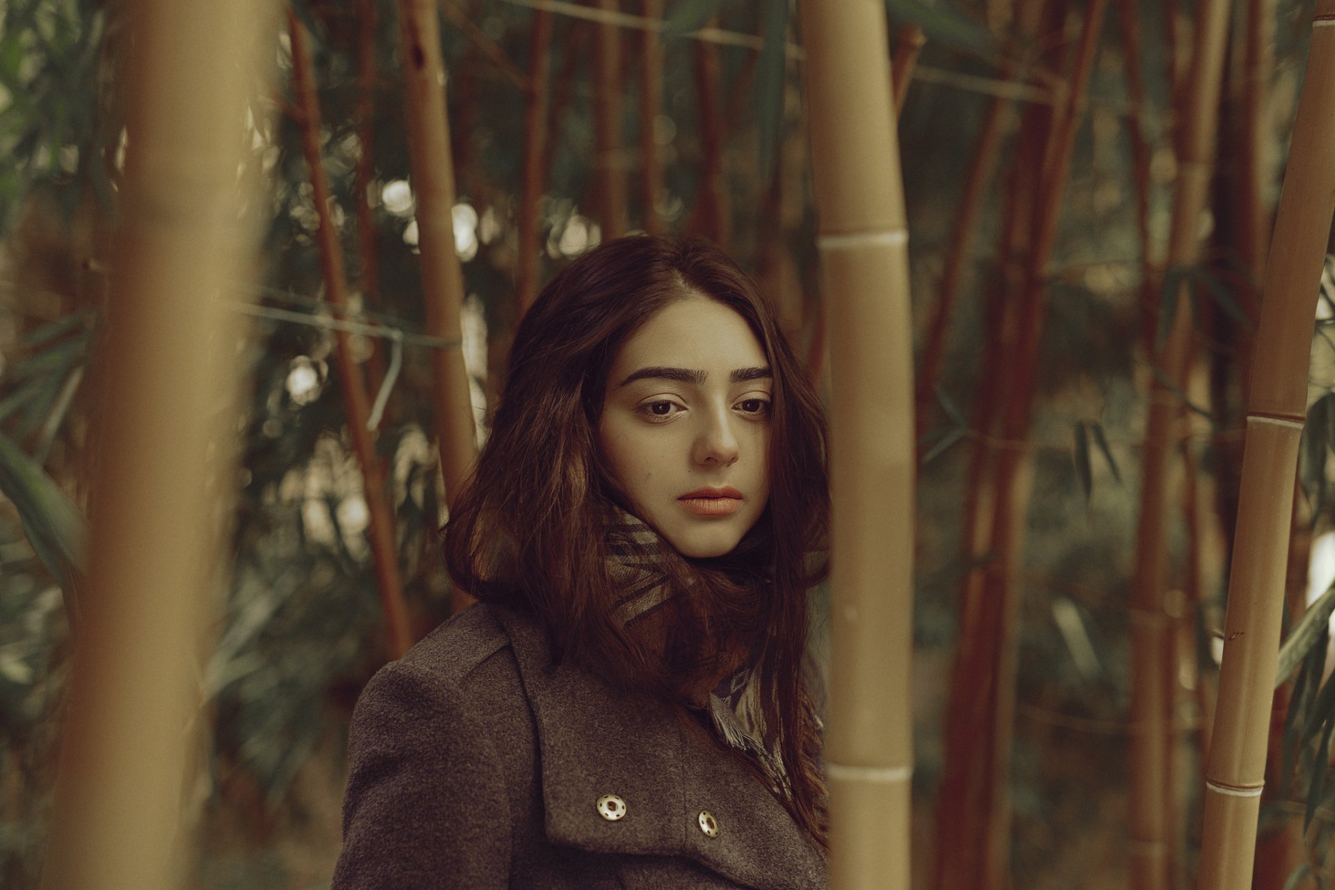 Brunette woman with brown eyes wrapped in a scarf and coat gazes pensively among bamboo stalks — moody outdoor HD desktop wallpaper.