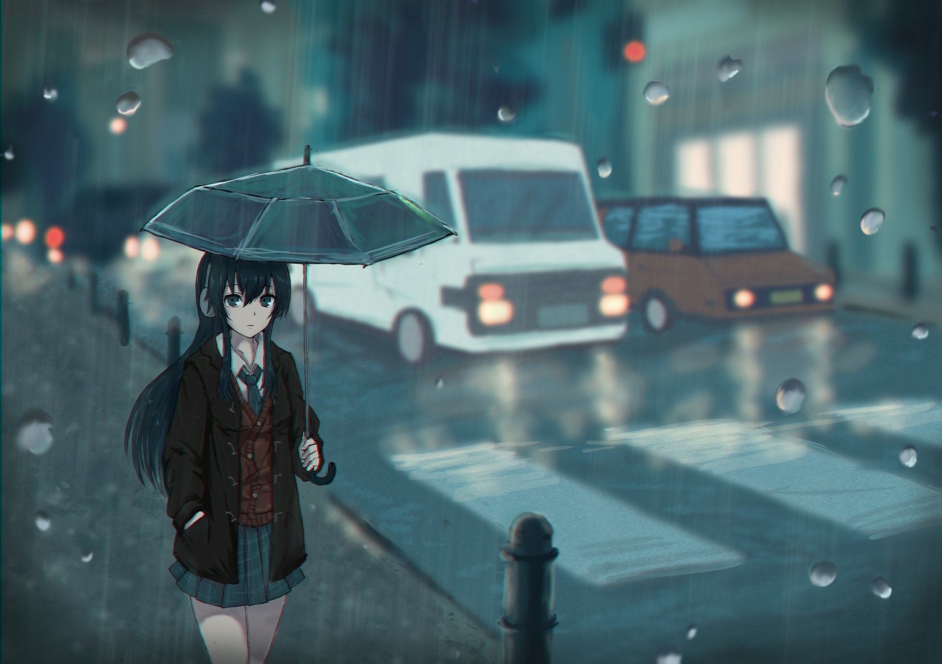 An anime girl with long black hair stands under an umbrella in a rainy urban setting. Cars and buildings blur in the background. This original HD wallpaper captures a melancholic, atmospheric moment.