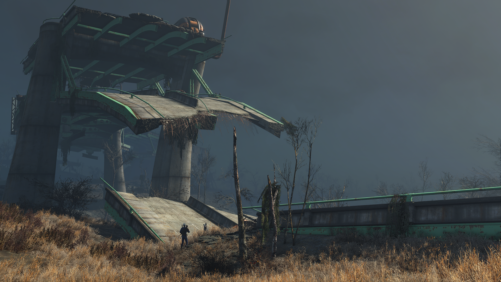 HD PC desktop wallpaper featuring a post-apocalyptic scene from the video game Fallout 4, showcasing a ruined watchtower under a cloudy, gray sky.