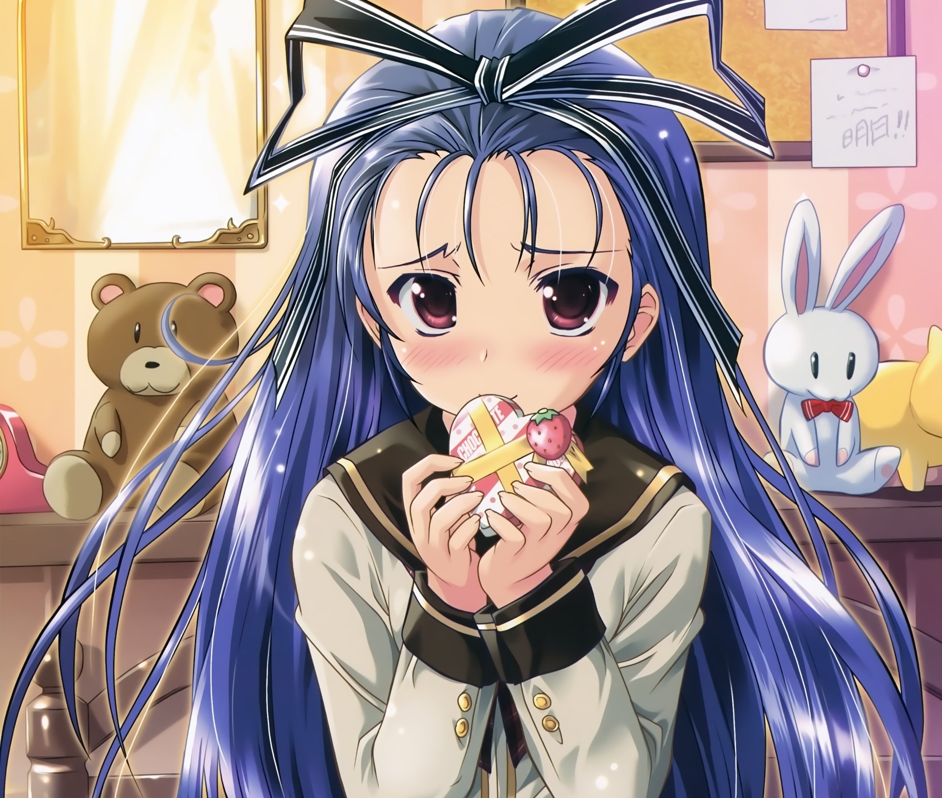 Anime-style girl with long blue hair and brown eyes, blushing while holding a heart-shaped gift; teddy bear and bunny plushies in the background, 4K Ultra HD wallpaper.