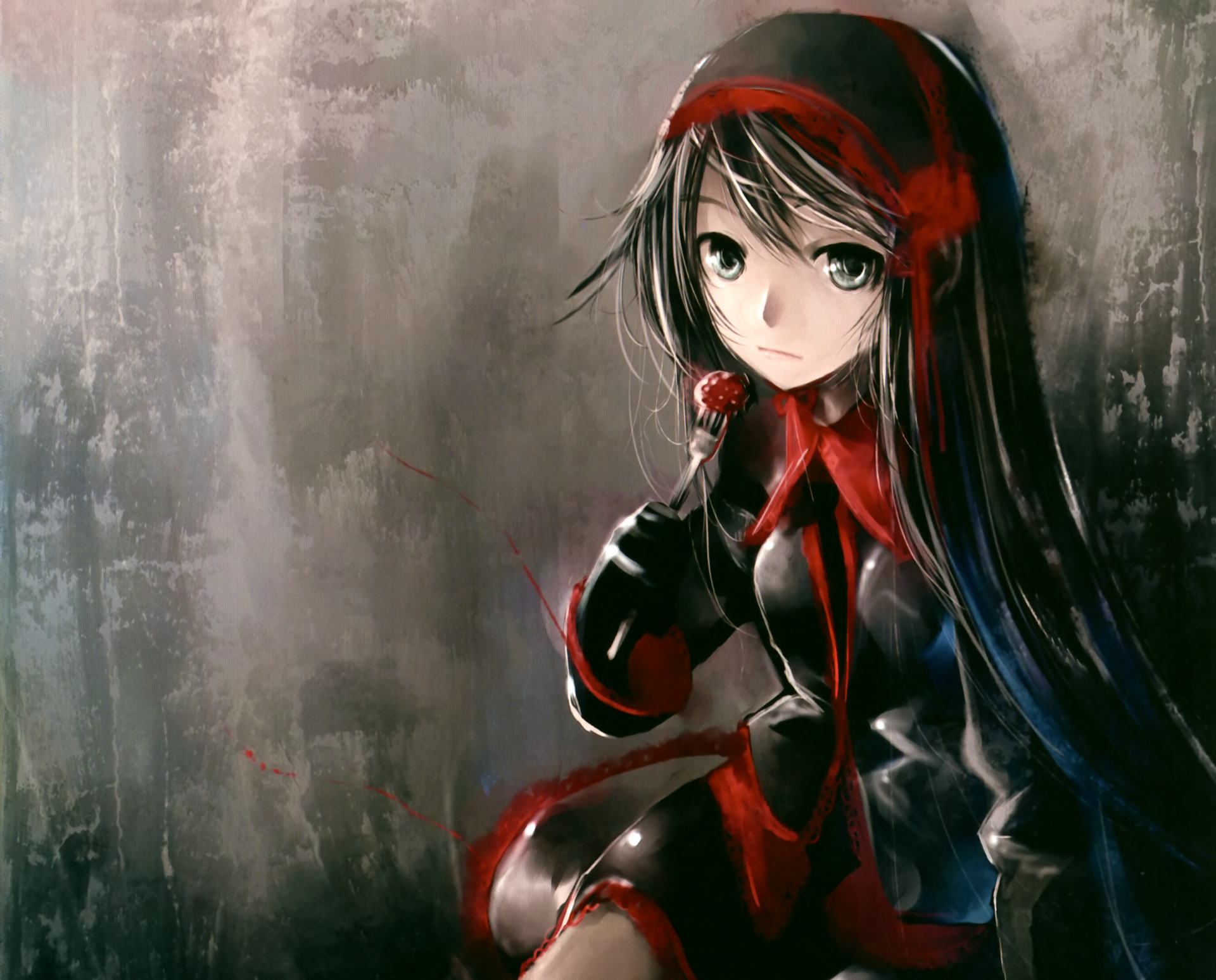Anime original character: long black hair, grey eyes, holding a fork with a strawberry; red ribbons and dark outfit. 2K Quad HD PC desktop wallpaper/background.