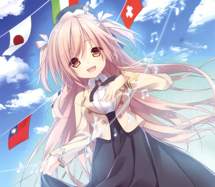 HD anime original desktop wallpaper: smiling, blushing blonde girl with long hair and orange eyes wearing a hat, flags and musical notes float against a blue sky.