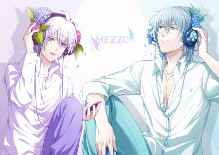 HD PC desktop wallpaper featuring two anime characters from IDOLiSH7 with light-colored hair, wearing white shirts and headphones adorned with flowers, set against a soft background.