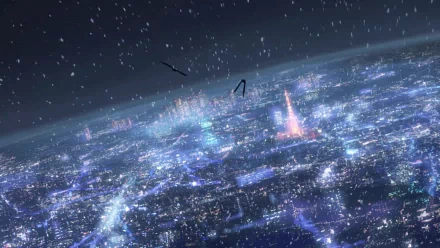 HD wallpaper from the anime 5 Centimeters per Second, depicting a beautifully illuminated cityscape at night with falling snow, creating a serene and captivating background.