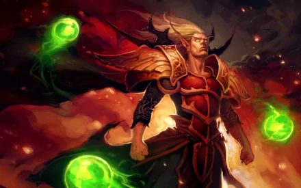 HD wallpaper featuring Kael'thas Sunstrider, a formidable blood elf from the video game World of Warcraft, exuding power amid swirling green magic.